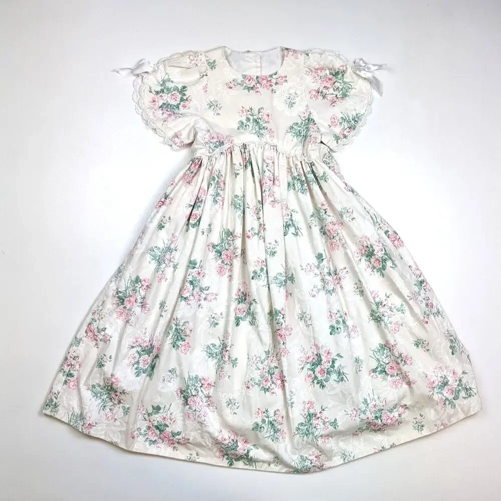 Vintage Handmade Dress Girls Size 10 Cream Floral Party Fancy Dainty Cottagecore